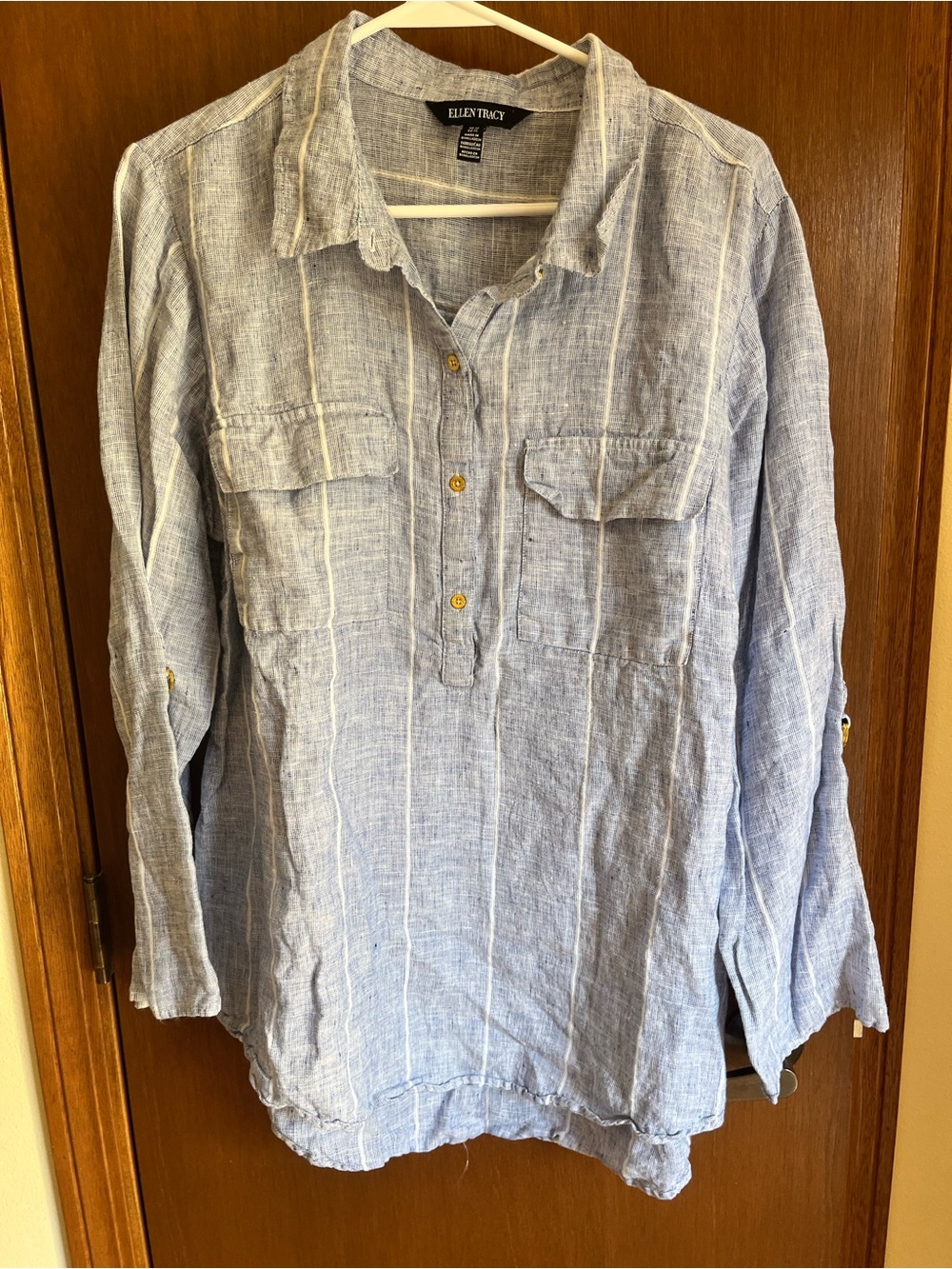 Ellen tracey 1x Light Blue Linen Button-Down Tunic Shirt
